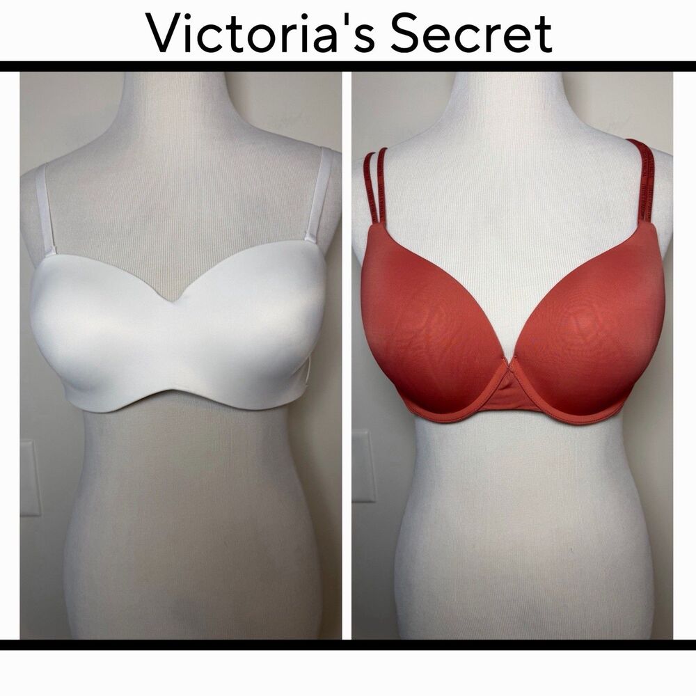 Victoria’s Secret 2 Pc Bra Lot 38C White Orange Underwire